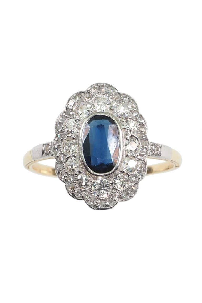 Art déco Ring mit Saphir und Diamanten aus 14 Karat Gold und Platin