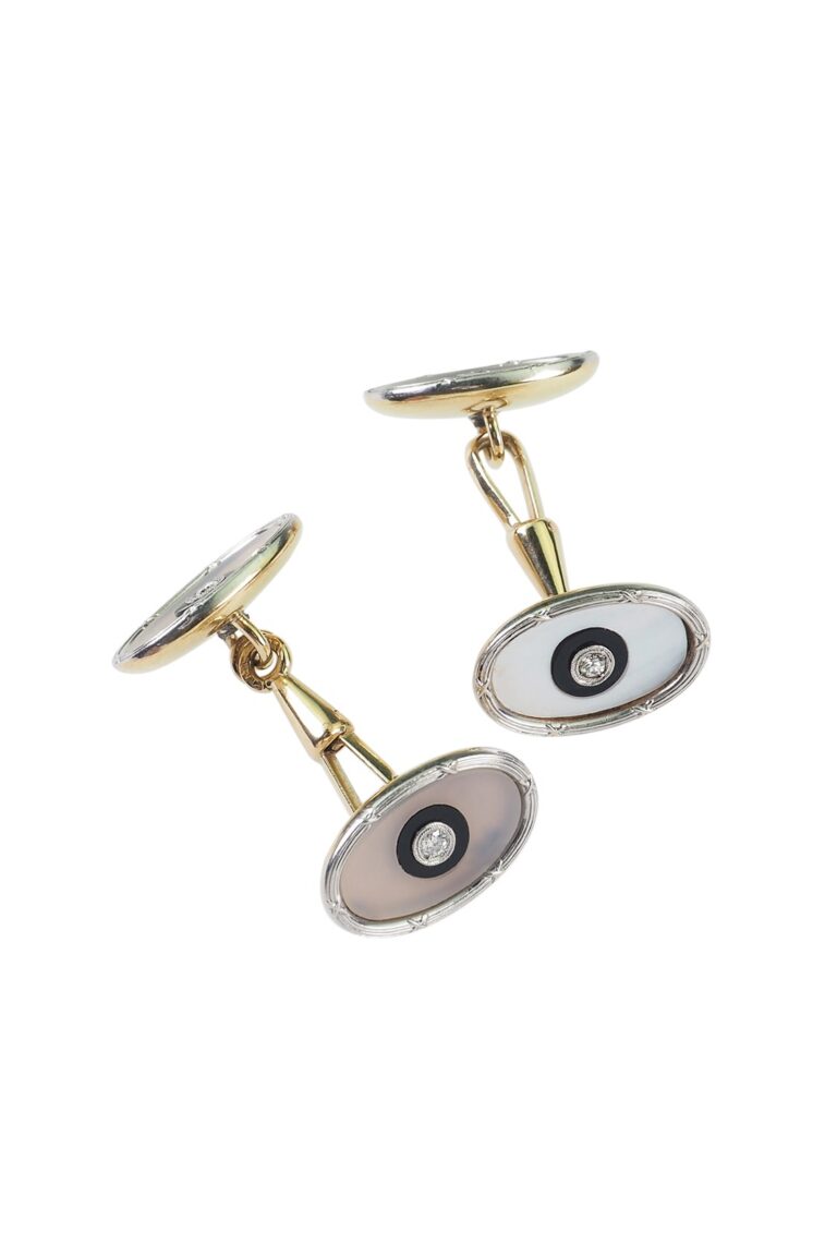 Art Déco Manschettenknöpfe mit Gefrostetem Glas, Onyx und Diamanten aus 14 Karat Gold und Platin