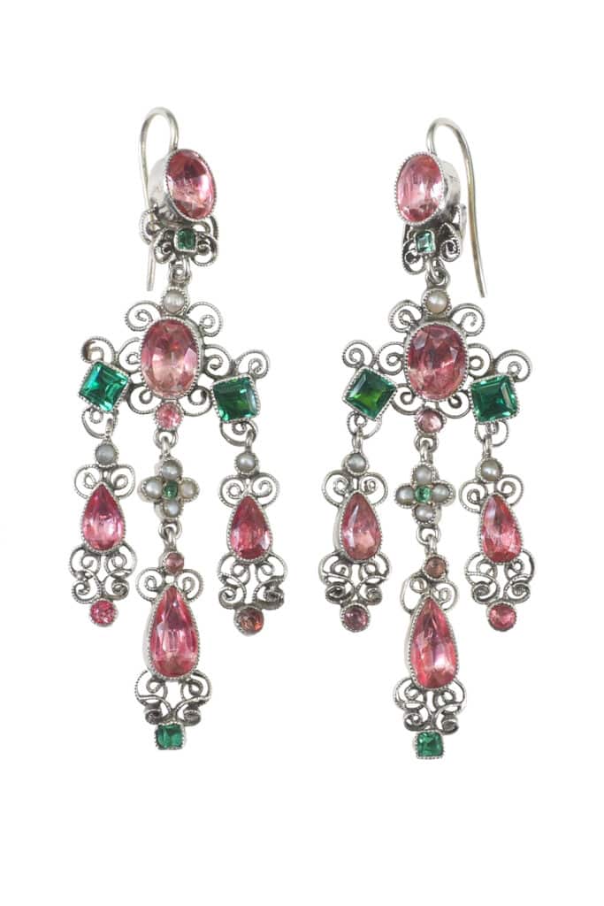 Französische Silberohrringe mit Glassteine und Perlen aus Silber