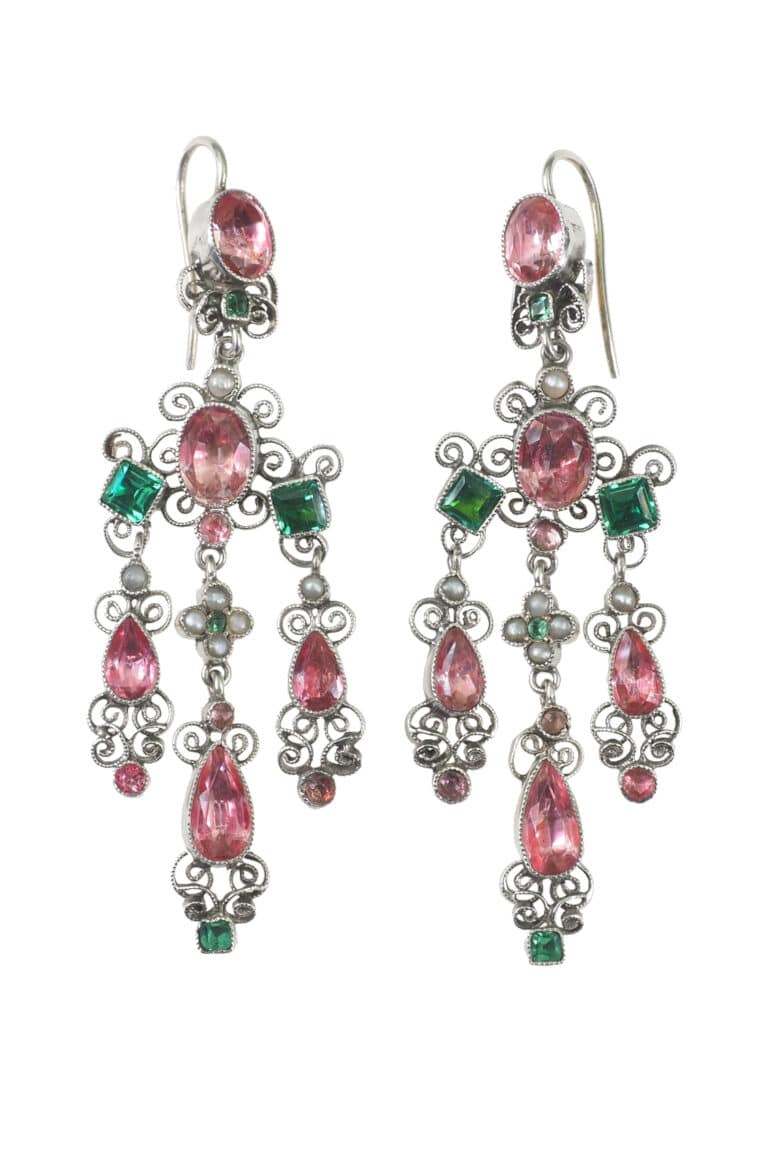 Französische Silberohrringe mit Glassteine und Perlen aus Silber