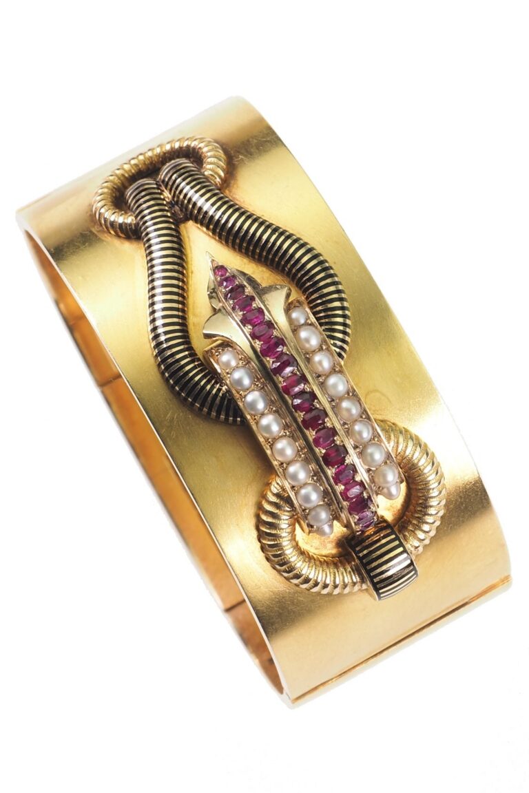 Viktorianischer Armreif mit Emaille, Rubine und Perlen aus 18 Karat Gold
