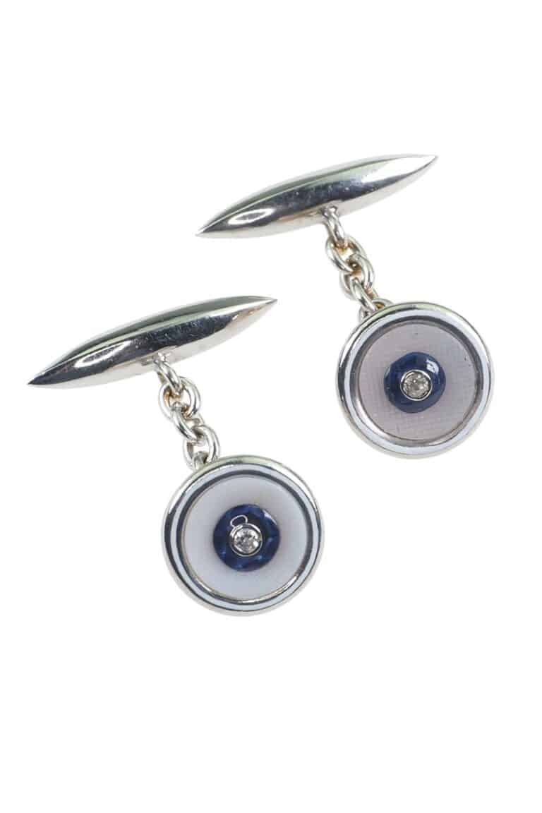 Vintage Manschettenknöpfe mit Saphire, Diamanten und Perlmutt aus 18 Karat Gold