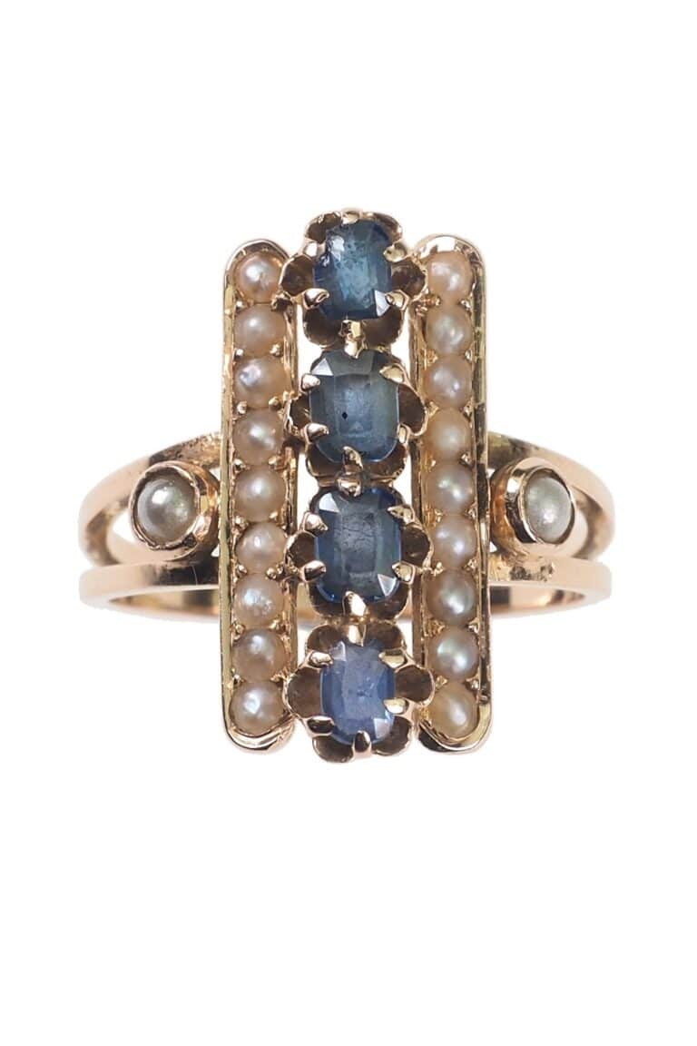 Jugendstil-Ring mit Saphire und Perlen aus 14 Karat Roségold