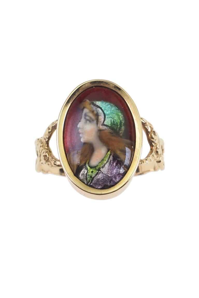 Jugendstil Ring mit Emaille aus 18 Karat Gold