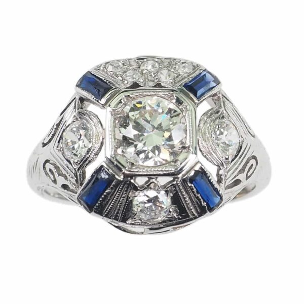 Art déco Verlobungsring mit Saphire und Diamanten aus Platin