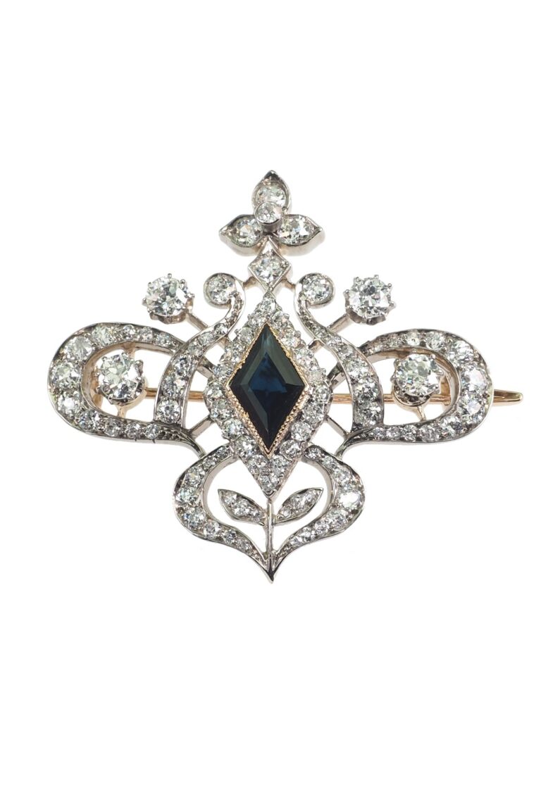 Art Nouveau Brosche mit Saphir und Diamanten aus 18 Karat Gold und Platin
